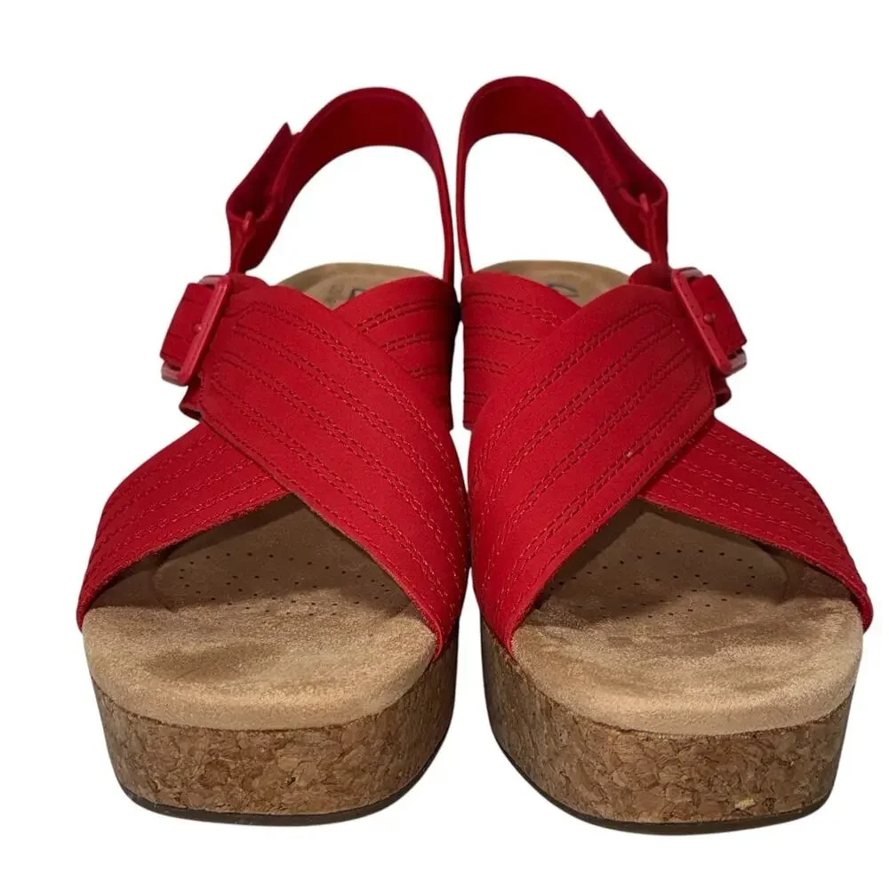 Clarks Collection Nerisa West Buckle Wedge Sandals Cherry Nubuck SZ/12 M